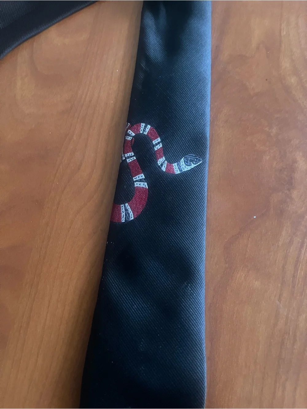 Gucci Black Silk Skinny Tie with Red & White Snake Motif